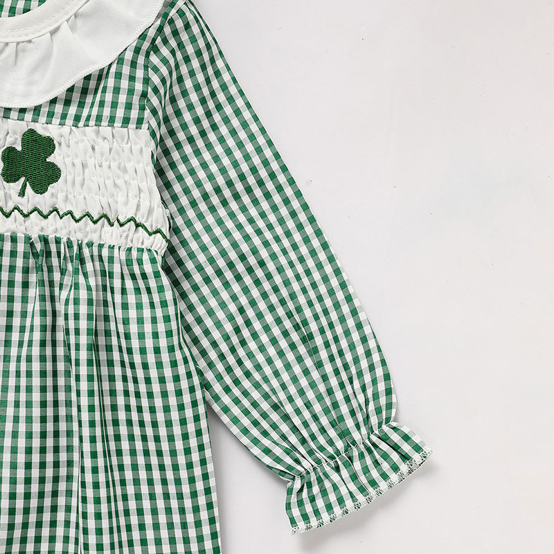 Newborn Baby Girl St. Patrick’s Day Bodysuit – Green Plaid Clover Print Long Sleeve