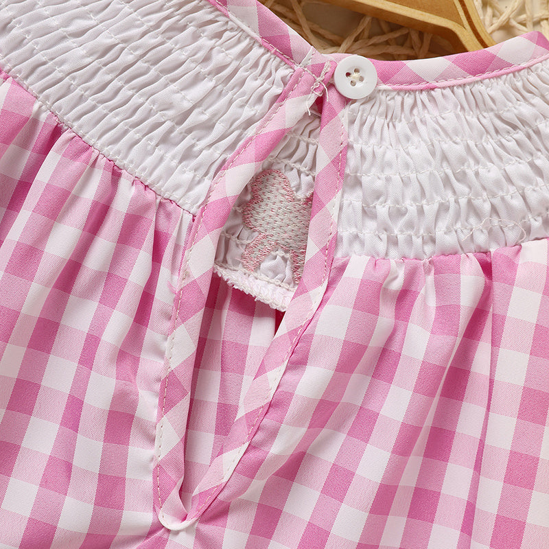Baby Girls' Valentine's Day Dress - Pink Plaid with Heart Embroidery & Smocked Ruffle Sleeves
