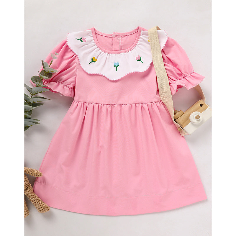 Toddler Baby Girl Spring Tulip Smocked Dress – Short Sleeve Princess Dress with Embroidery