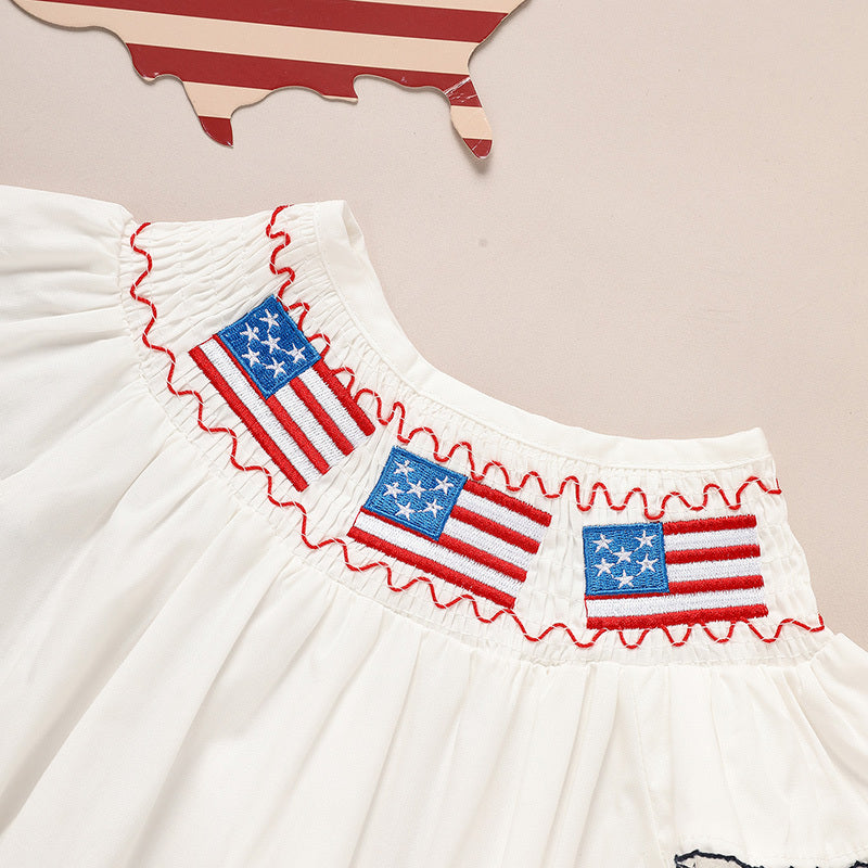 Baby Girl 4th of July Romper – Smocked Bubble Bodysuit with American Flag Embroidery