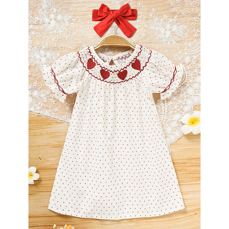 Baby Girl Valentine's Day Dress - Red Heart Embroidery with Headband & Smocked Princess Party Dress