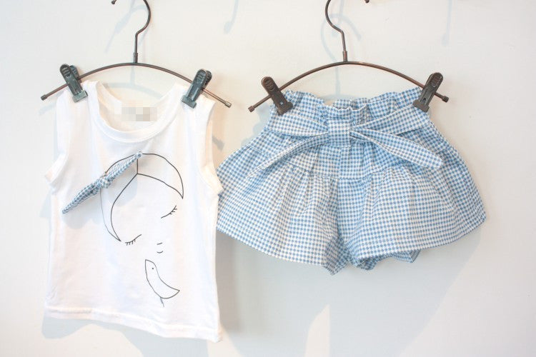 AiLe Rabbit Girls Fashion Clothes Set – Cotton Short Sleeve Shirt & Skirt 2-Piece Outfit with Cartoon Bow Print