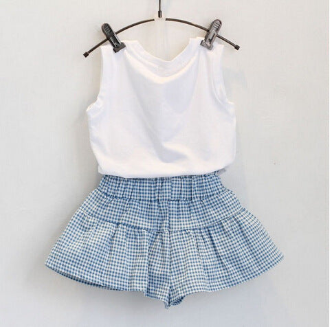 AiLe Rabbit Girls Fashion Clothes Set – Cotton Short Sleeve Shirt & Skirt 2-Piece Outfit with Cartoon Bow Print
