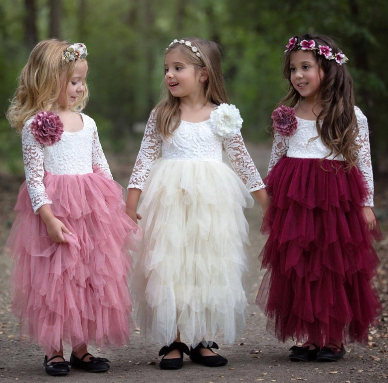 Girls White Princess Dress – Long Sleeve Lace Hollow Skirt | Autumn & Winter Irregular Dress for Kids