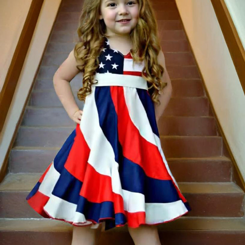 Toddler Girls 4th of July Dress – Red White & Blue Stars and Stripes Twirl Dress