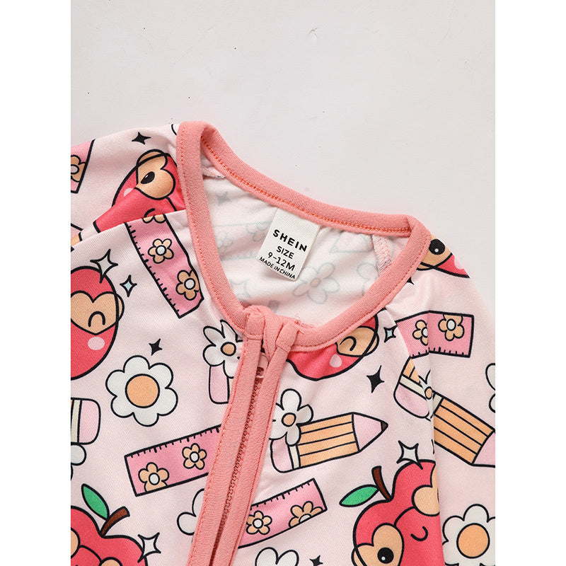 Adorable Infant Back to School Romper – Apple & Pencil Print Long Sleeve Jumpsuit Outfit