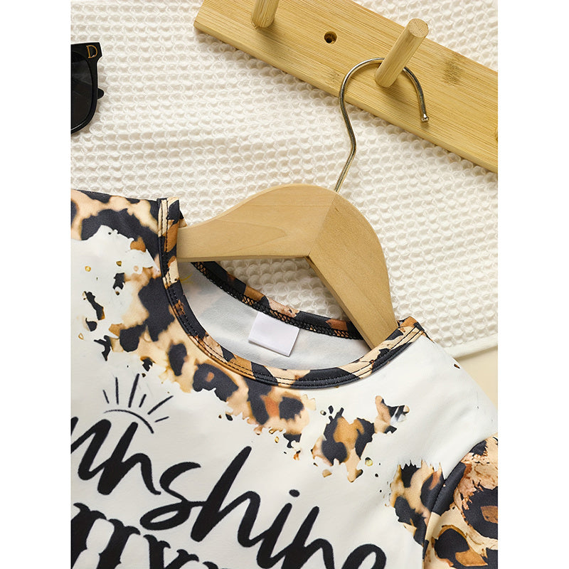 Toddler Girls Fall Winter Outfit – Leopard Letter Print Crewneck Sweatshirt & Sweatpants Set