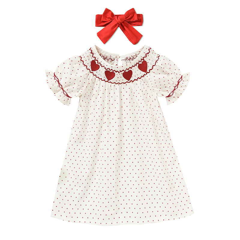 Baby Girl Valentine's Day Dress - Red Heart Embroidery with Headband & Smocked Princess Party Dress