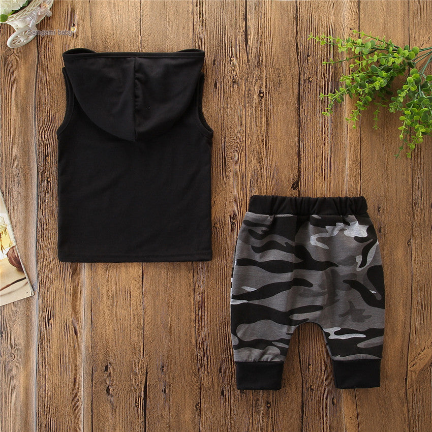 2-Piece Toddler Boys Outfit | Sleeveless Hoodie T-Shirt & Camo Pants Set