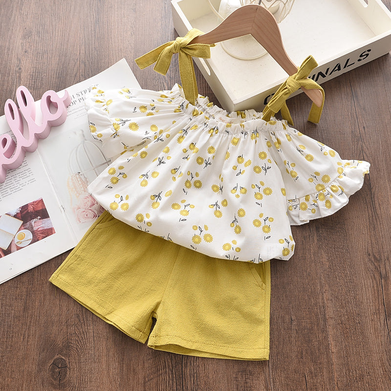 Chiffon Sling Two-Piece Outfit for Girls – Cute Summer Suit with Matching Hat