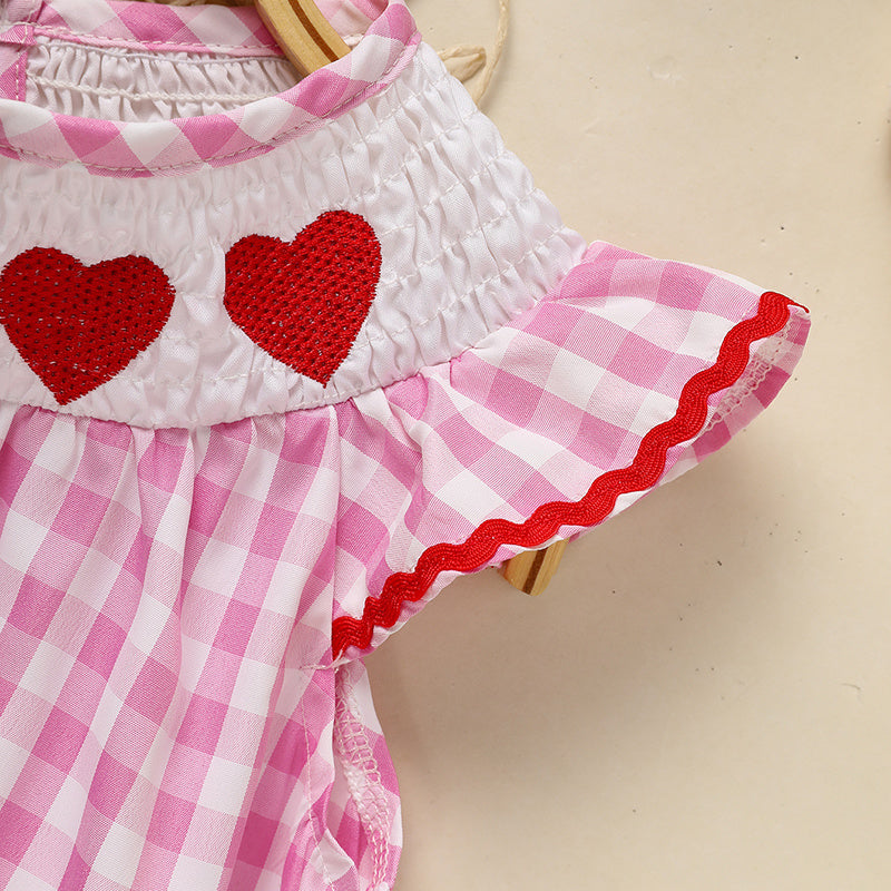 Baby Girls' Valentine's Day Dress - Pink Plaid with Heart Embroidery & Smocked Ruffle Sleeves
