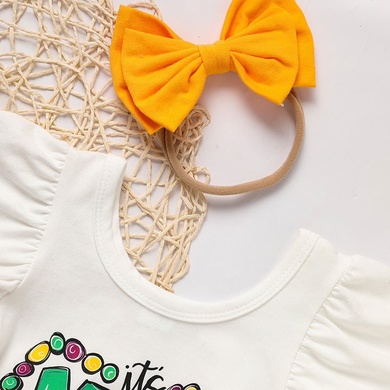 Baby Girls Mardi Gras Outfit – Ruffle Sleeve Bodysuit, Tutu Skirt & Hairband Set