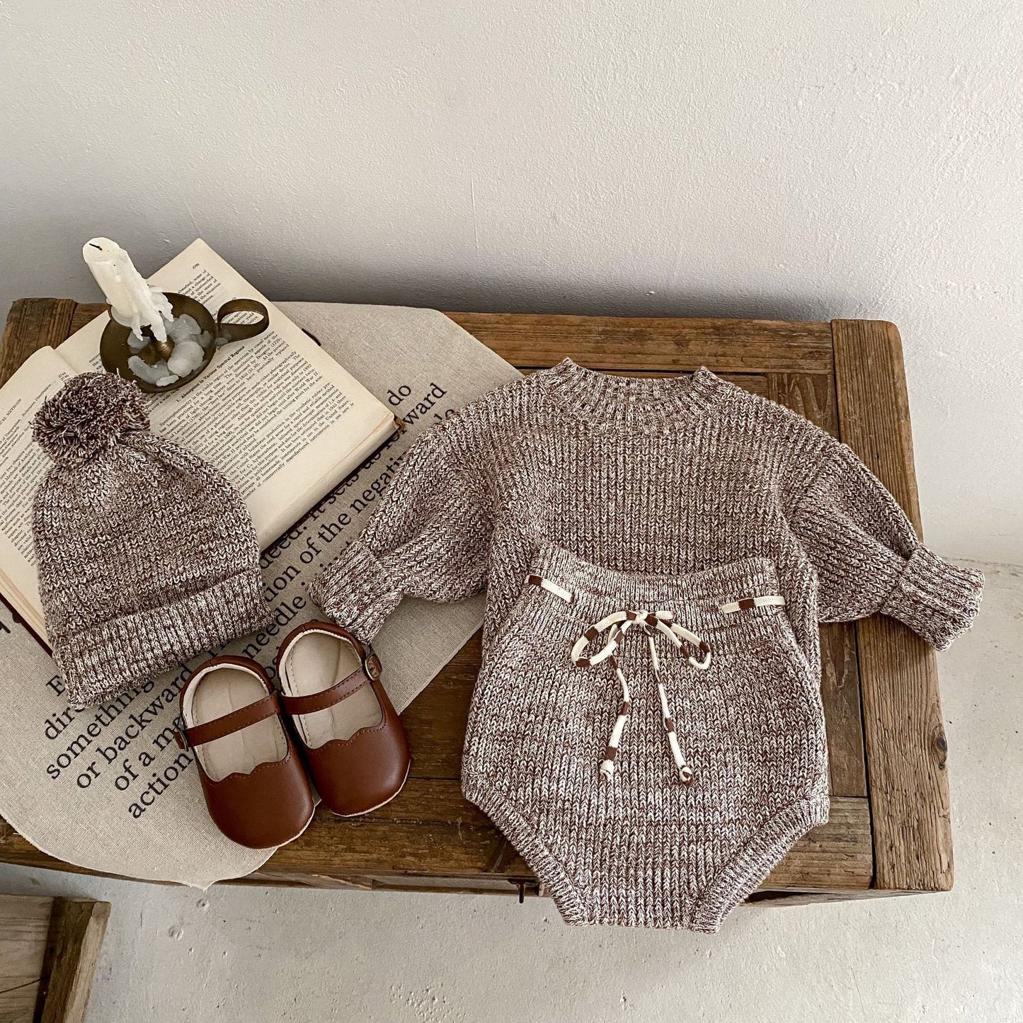 Baby Girl Winter Knitted Outfit – 3-Piece Pullover, Pants & Fur Pom Hat Set