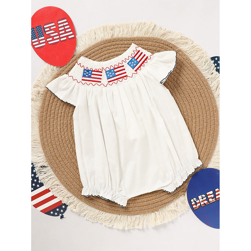 Baby Girl 4th of July Romper – Smocked Bubble Bodysuit with American Flag Embroidery