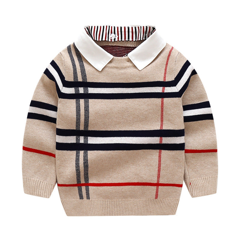 Boys Plaid Jacquard Sweater – Warm Knit Pullover for Fall & Winter