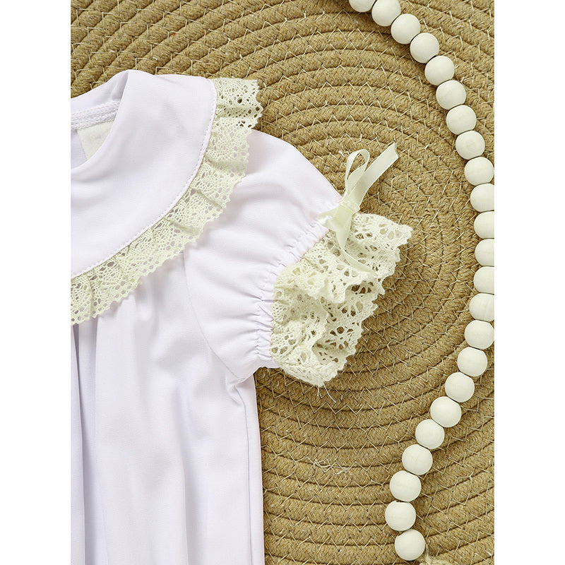 Baby Girl White Lace Romper – Short Sleeve Bubble Jumpsuit for Summer & Weddings