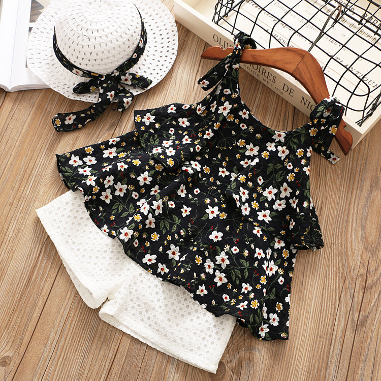 Chiffon Sling Two-Piece Outfit for Girls – Cute Summer Suit with Matching Hat