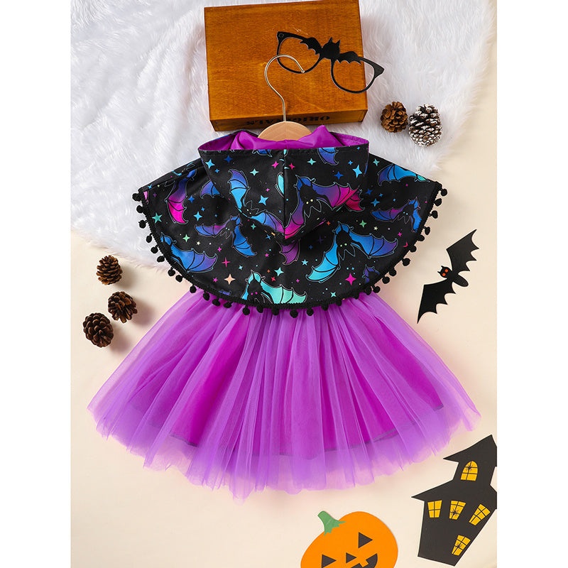 Little Girls 2PCS Halloween Outfit – Sleeveless Tulle Dress with Hooded Cloak Set