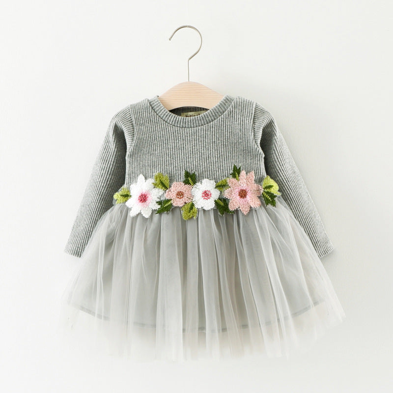 Girls Long Sleeve Princess Dress – Fall Baby Dress with Waist Flowers