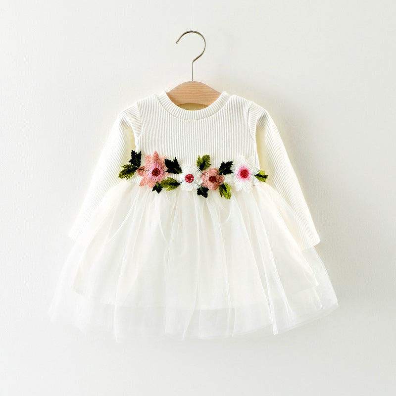 Girls Long Sleeve Princess Dress – Fall Baby Dress with Waist Flowers