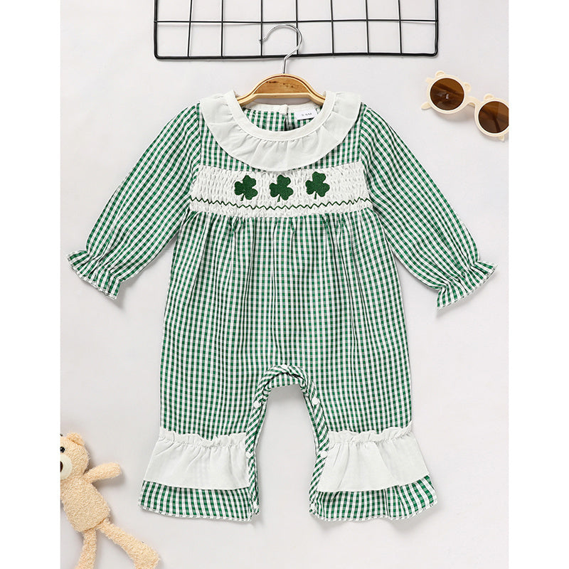 Newborn Baby Girl St. Patrick’s Day Bodysuit – Green Plaid Clover Print Long Sleeve