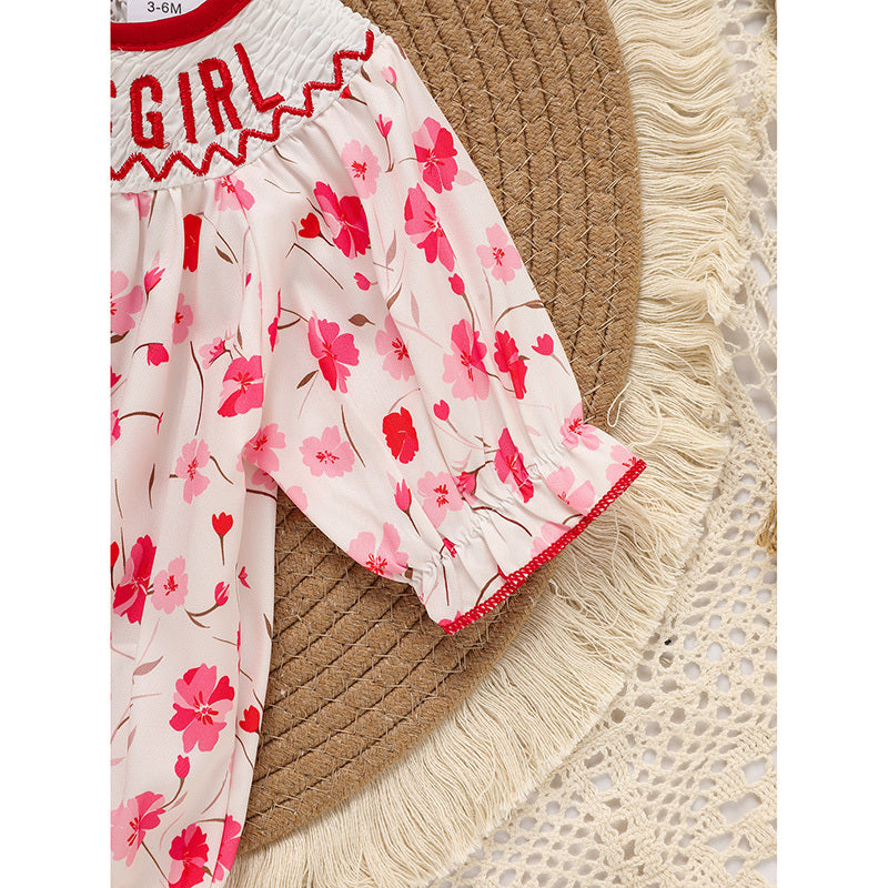 Infant Girls' Floral Smocked Romper – 'Daddy's Girl' Embroidered Short Sleeve Bodysuit for Party & Casual Wear