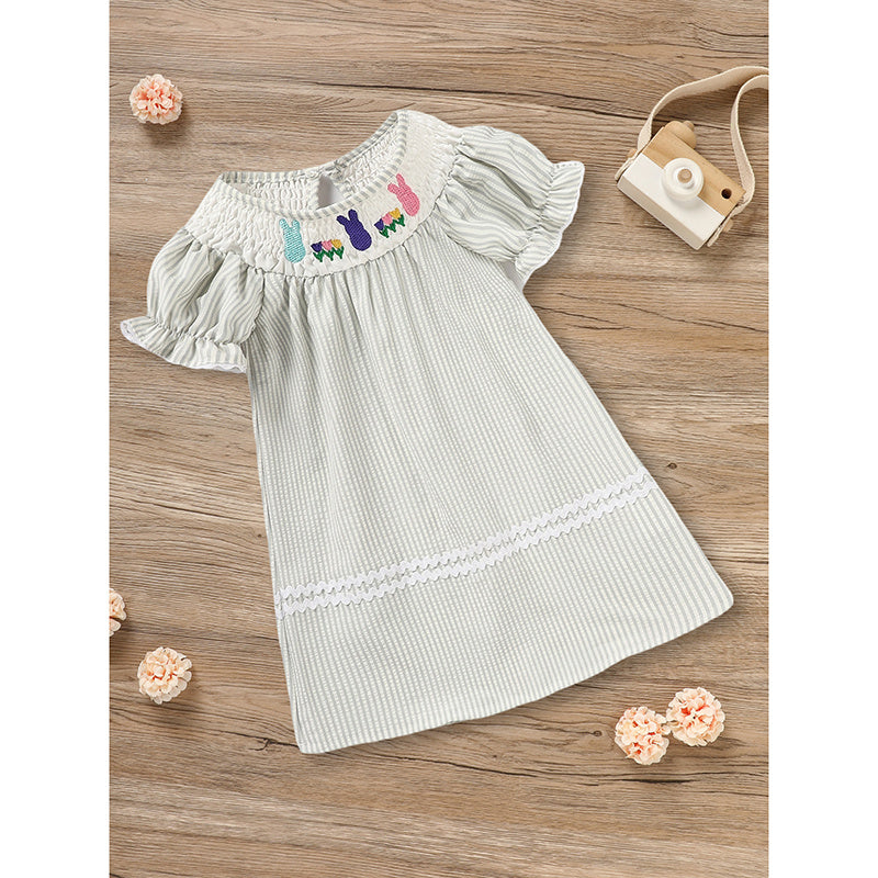 Infant Baby Girls Easter Bunny Smocked Dress – Embroidered Short Sleeve Casual Summer Outfit