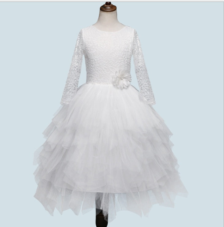 Girls White Princess Dress – Long Sleeve Lace Hollow Skirt | Autumn & Winter Irregular Dress for Kids