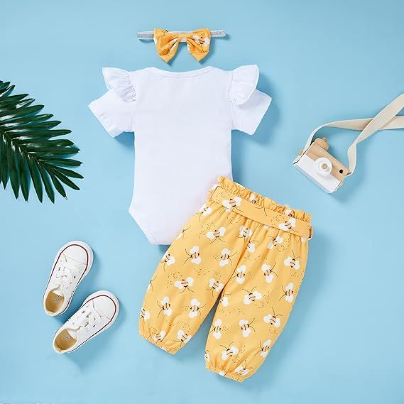 Infant Baby Girl Bee Romper Set – Honeybee Print Bodysuit, Pants & Bow Headband Clothes
