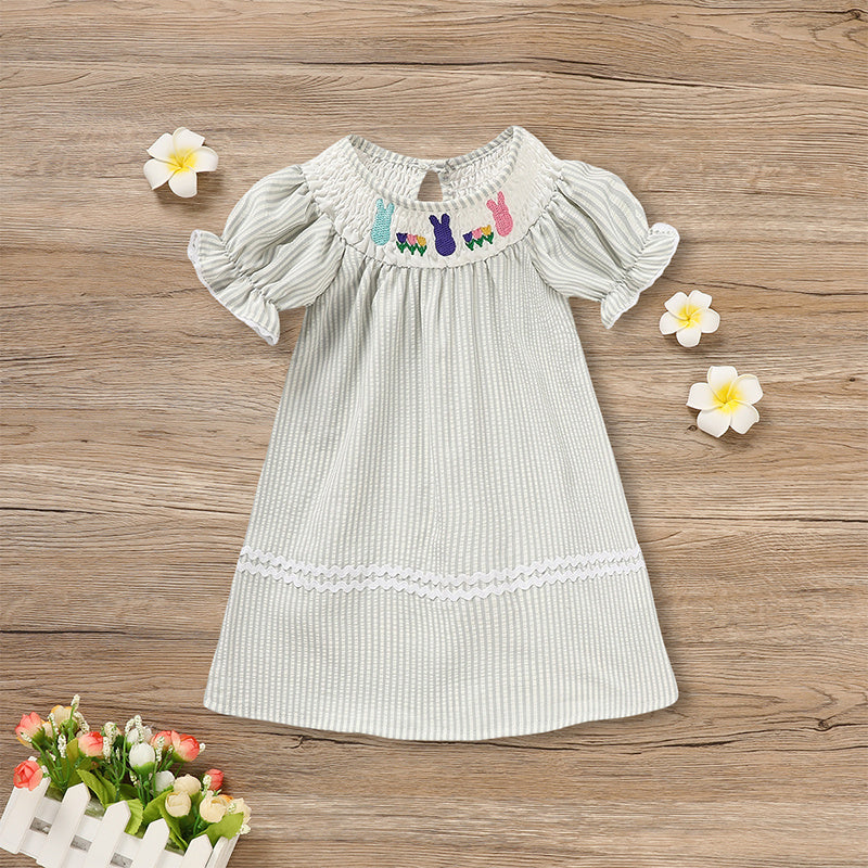 Infant Baby Girls Easter Bunny Smocked Dress – Embroidered Short Sleeve Casual Summer Outfit