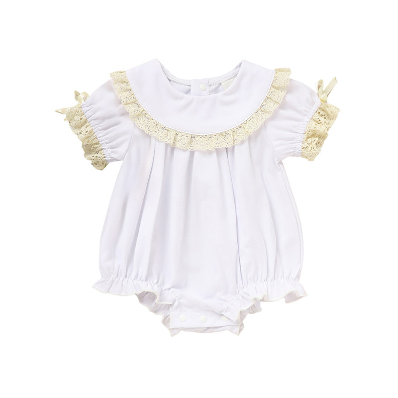 Baby Girl White Lace Romper – Short Sleeve Bubble Jumpsuit for Summer & Weddings