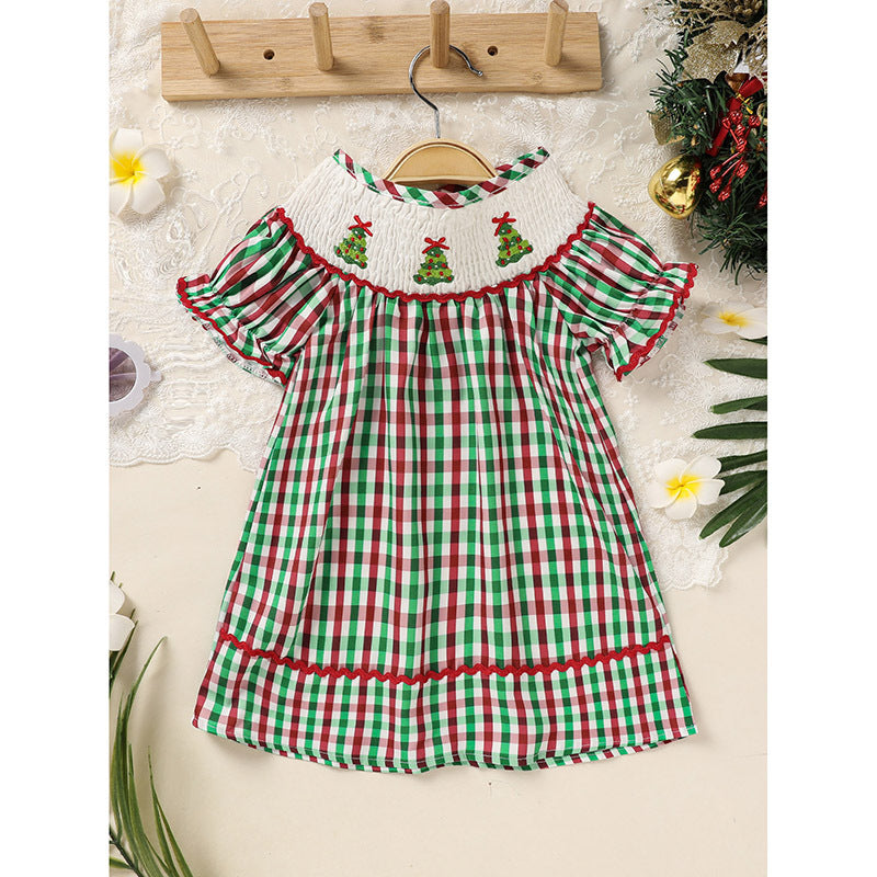 Toddler Infant Baby Girls Christmas Dress – Plaid Short Sleeve Christmas Tree Embroidered Party Outfit