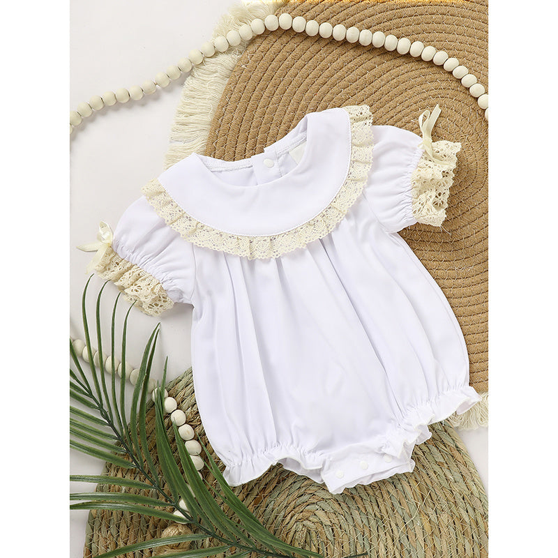 Baby Girl White Lace Romper – Short Sleeve Bubble Jumpsuit for Summer & Weddings