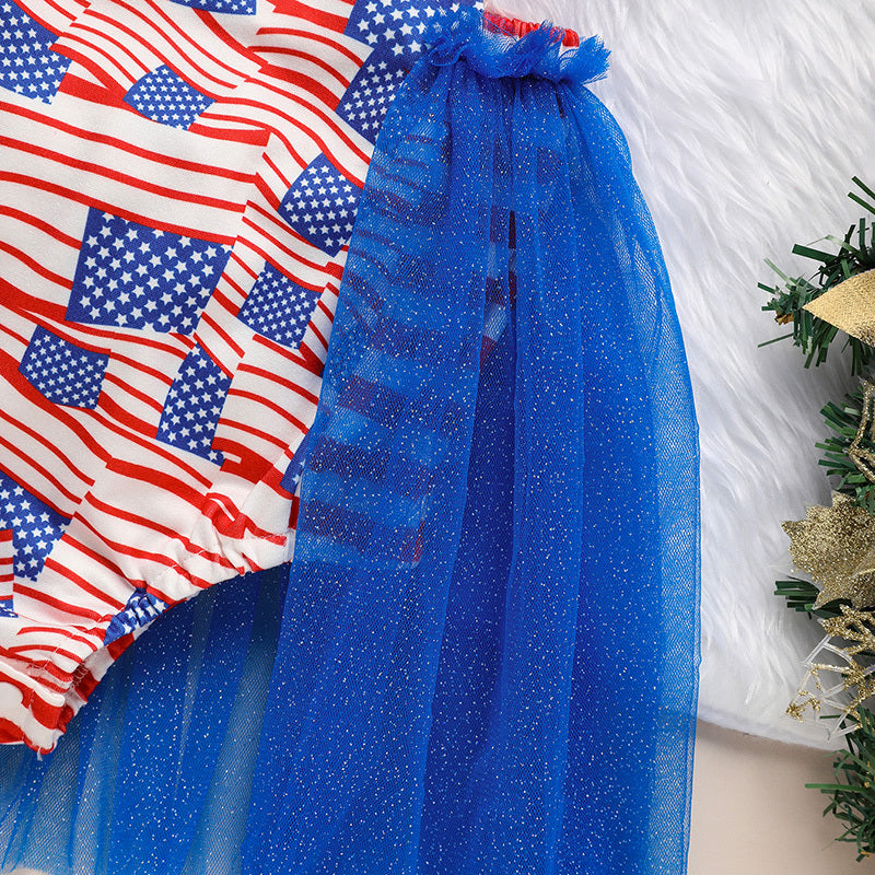 Baby Independence Day Bodysuit – Flag Pattern Sleeveless Bowknot Romper