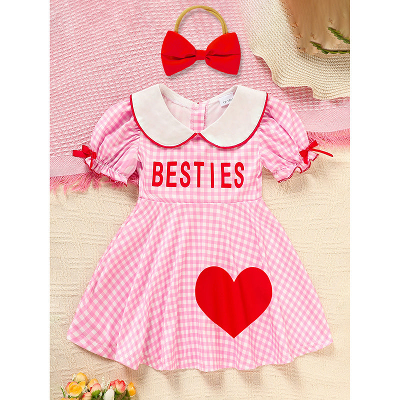 Baby Toddler Girl Short Sleeve Heart Print Dress – Doll Collar with Headband