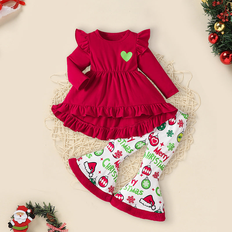 Toddler Baby Girls Christmas Outfit – Ruffle Long Sleeve Heart Print Top, Flared Pants & Headband Set
