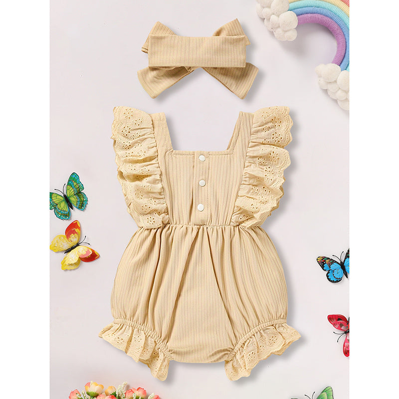 Infant Baby Girl Solid Color Bow Onesie – Square Neck with Headband Summer Outfit
