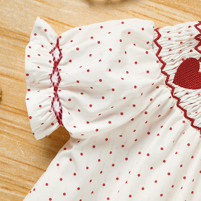 Baby Girl Valentine's Day Dress - Red Heart Embroidery with Headband & Smocked Princess Party Dress