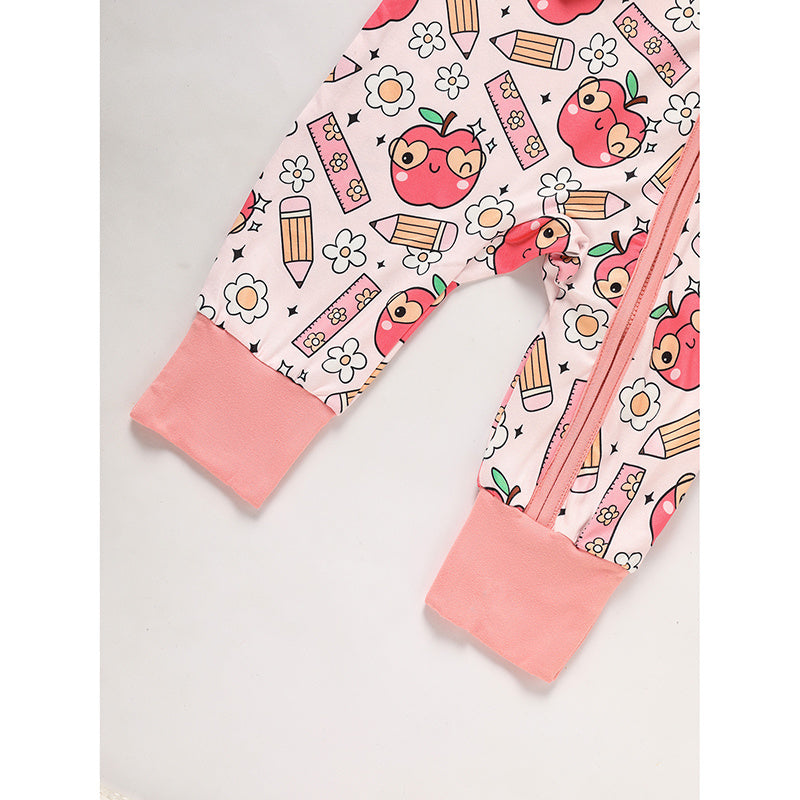 Adorable Infant Back to School Romper – Apple & Pencil Print Long Sleeve Jumpsuit Outfit