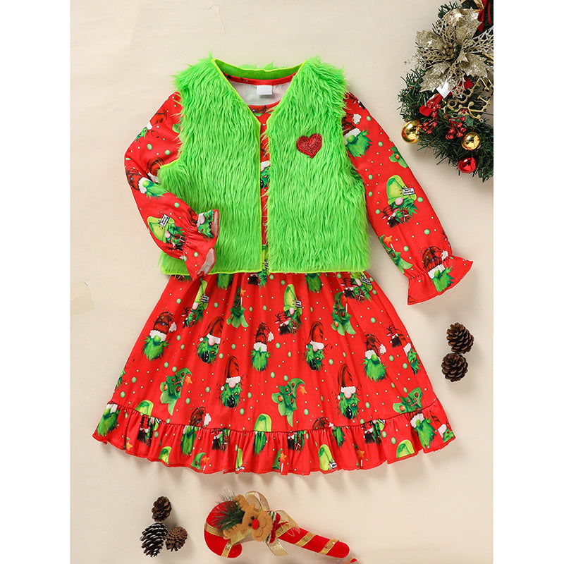 Toddler Baby Girl Christmas Dress Set – Long Sleeve Party Dress, Heart Print Vest Coat & Xmas Outfit