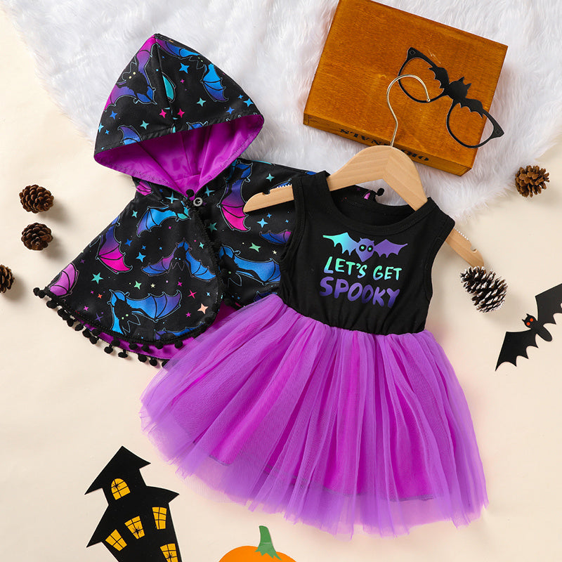 Little Girls 2PCS Halloween Outfit – Sleeveless Tulle Dress with Hooded Cloak Set