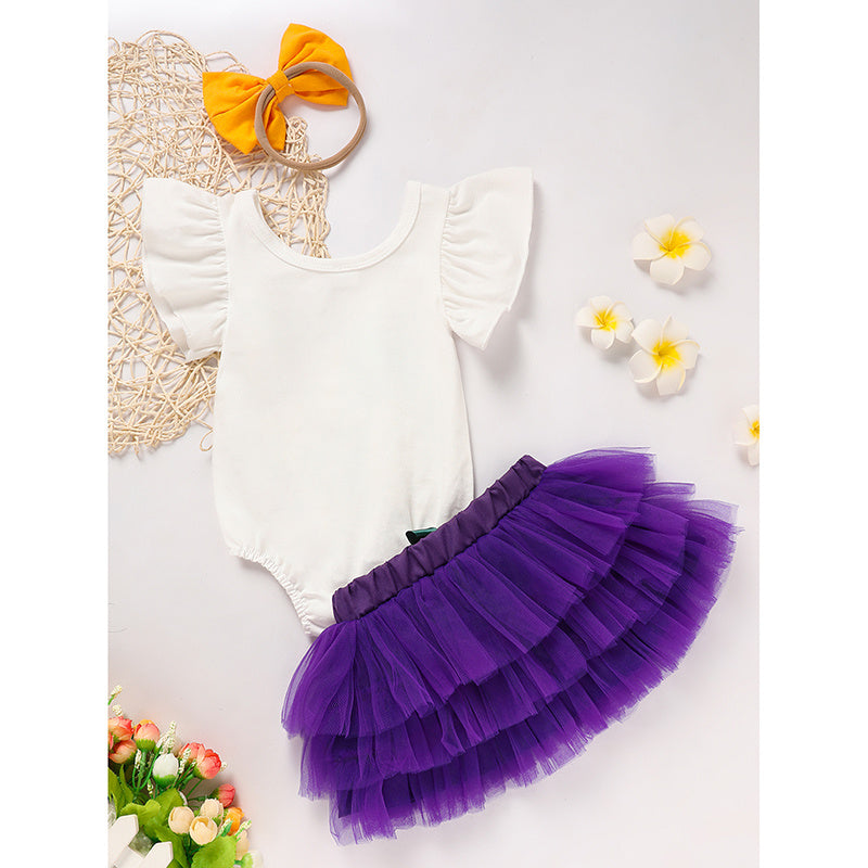 Baby Girls Mardi Gras Outfit – Ruffle Sleeve Bodysuit, Tutu Skirt & Hairband Set