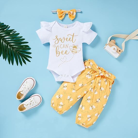 Infant Baby Girl Bee Romper Set – Honeybee Print Bodysuit, Pants & Bow Headband Clothes