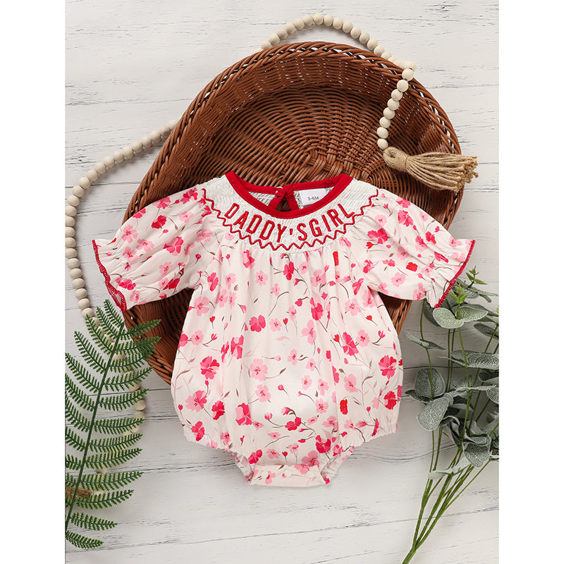 Infant Girls' Floral Smocked Romper – 'Daddy's Girl' Embroidered Short Sleeve Bodysuit for Party & Casual Wear