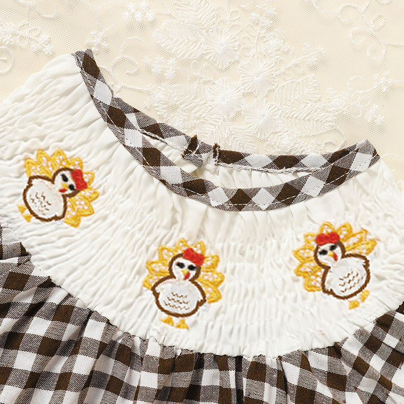 Baby Girl Thanksgiving Dress - Turkey Print Plaid with Short Sleeves, Casual Party Costume