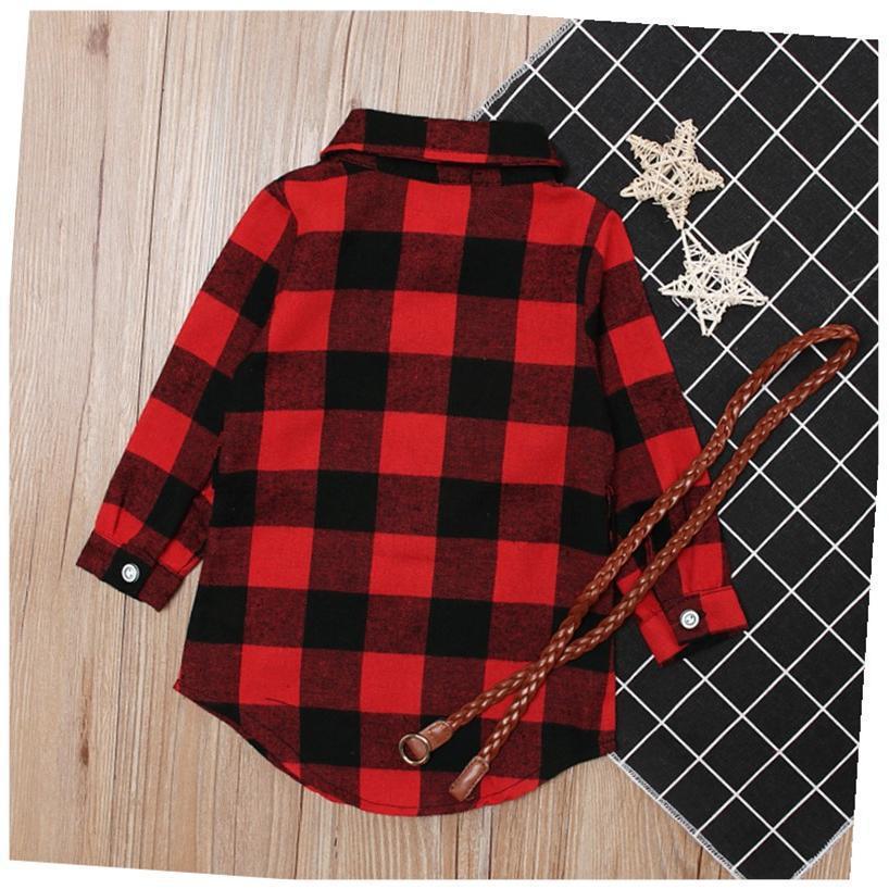 Fashion Girls Long Red Plaid Dress with Belt – Stylish Checkered Party Outfit