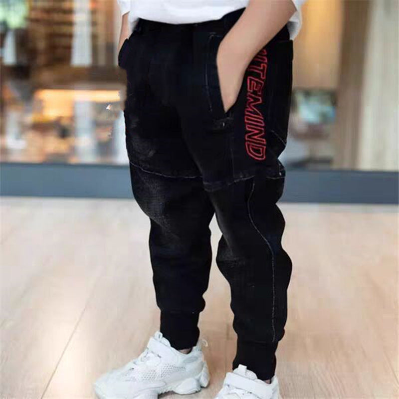 Kids Black Jeans – Boys’ Single-Layer Pants for Spring & Autumn