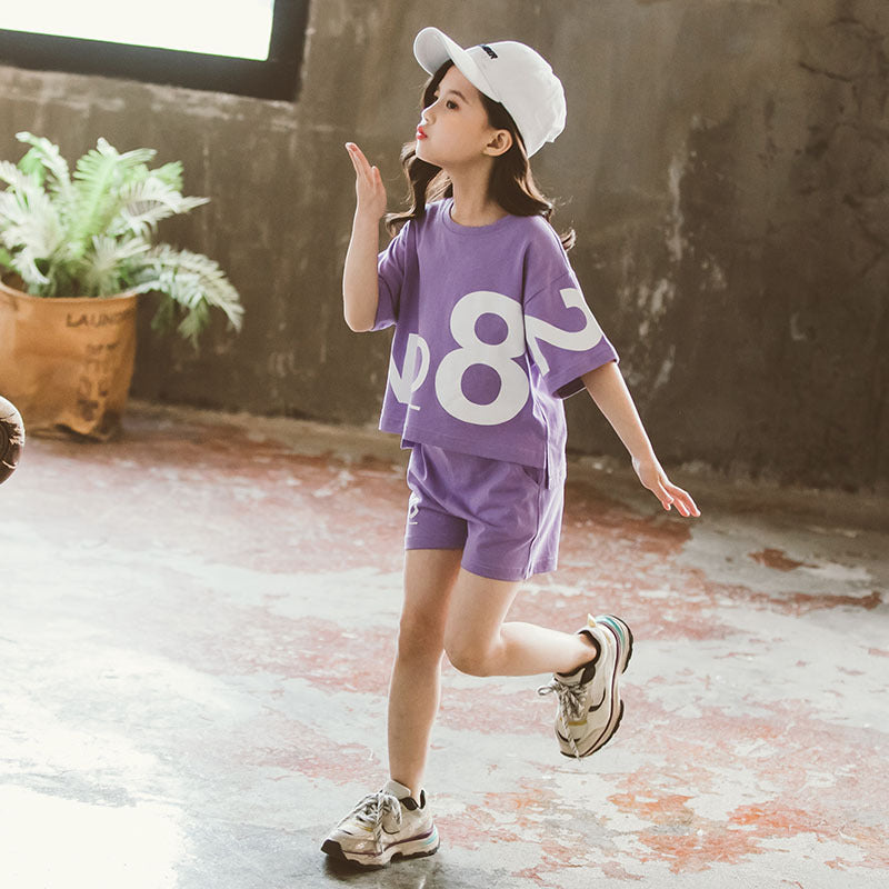 Girls Loose Sports Two-Piece Set – Big Kids Short-Sleeve Top & Shorts Outfit
