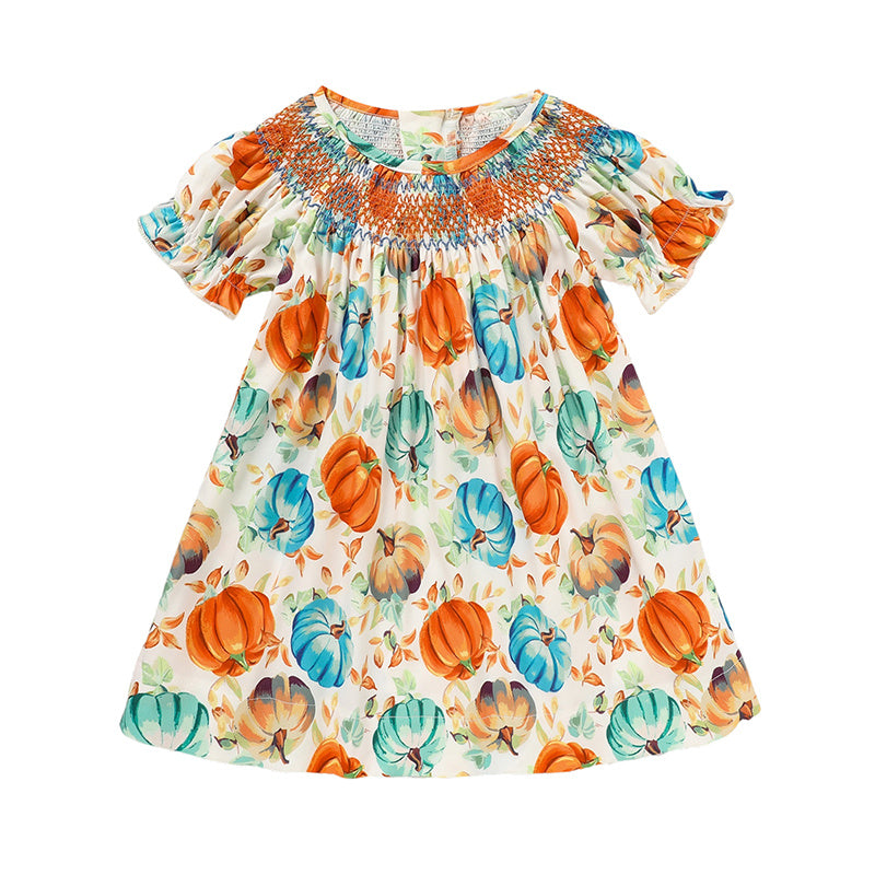Toddler Baby Girl Pumpkin Smocked Dress – Fall Thanksgiving & Halloween Princess Outfit