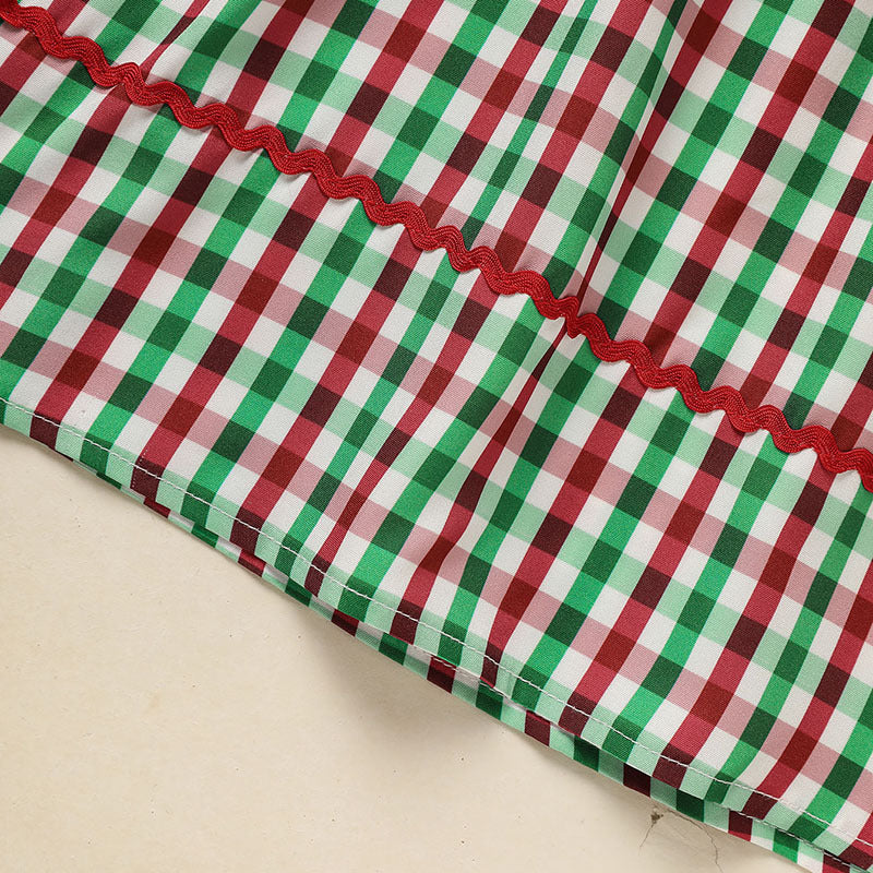 Toddler Infant Baby Girls Christmas Dress – Plaid Short Sleeve Christmas Tree Embroidered Party Outfit